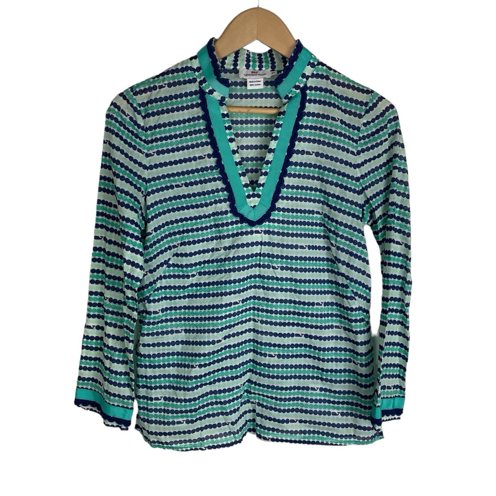 Vineyard Vines blue & green dot print long sleeve V neck top tunic size XS
